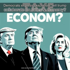 Artistic representation for Democrats express skepticism: will trump collaborate on taxes & economy?