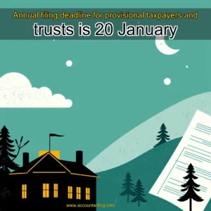 Artistic representation for Annual filing deadline for provisional taxpayers and trusts is 20 January