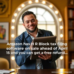 Artistic representation for Amazon has H R Block tax filing software on sale ahead of April 15 and you can get a free refund bonus